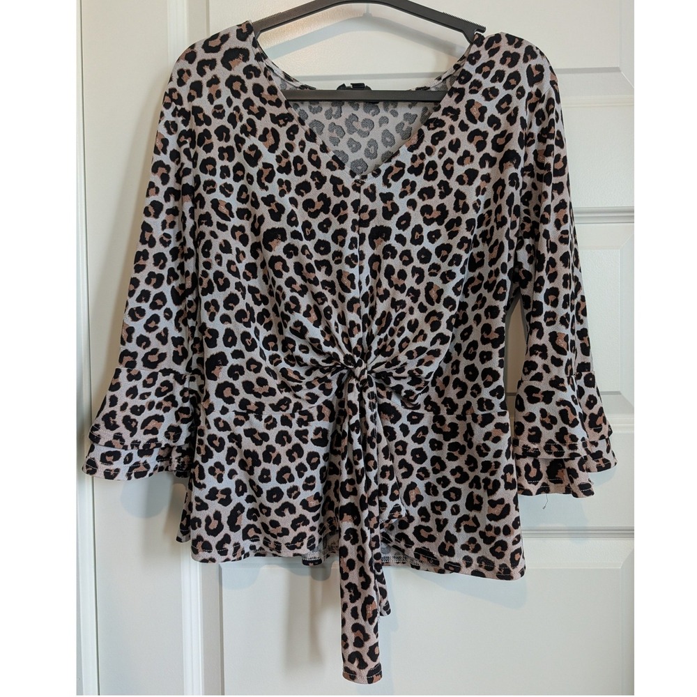 Fifty Street Leopard Tie Front Bell Sleeve Blouse